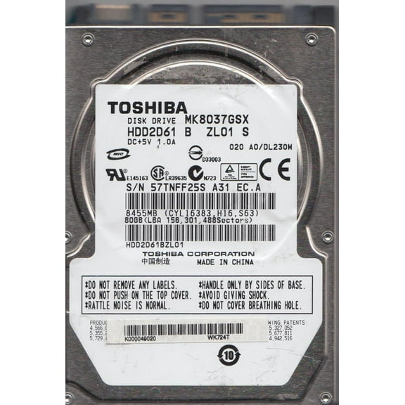 MK8037GSX, A0/DL230M, HDD2D61 B ZL01 S, Toshiba 80GB SATA 2.5 Hard Drive