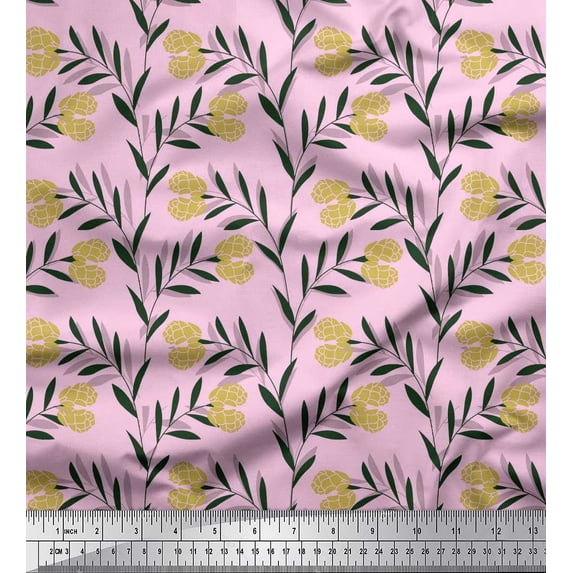 Soimoi Pink Silk Fabric Leaves & Clover Flower Hand Drawn Print Fabric by Yard 42 Inch Wide