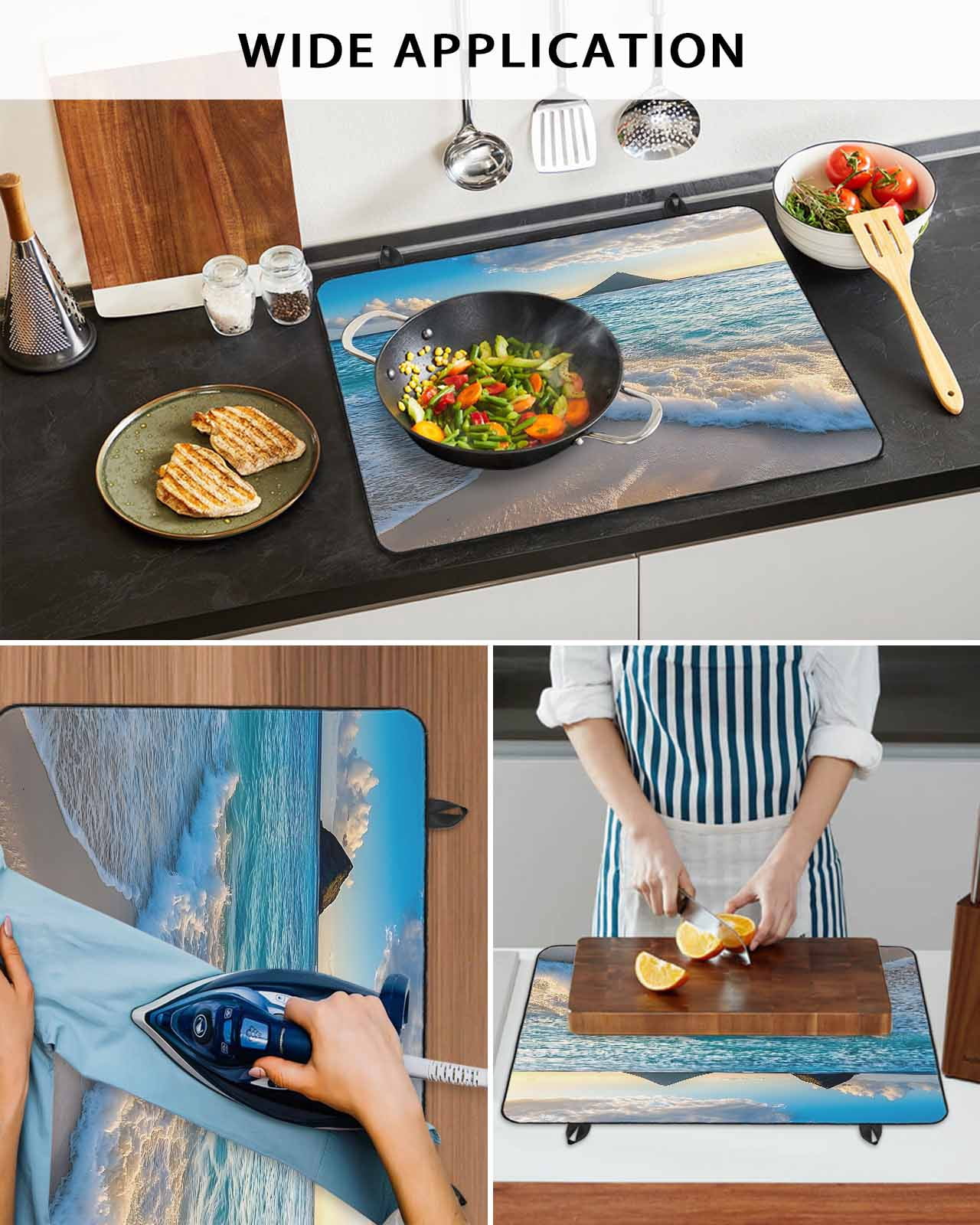 nqOlkjepod Large Induction Cooktop Protector Mat 24"x21", Ocean Stove Top Covers for Electric Stove, Blue Sky Mountain Sandy Beach Sea Scenery Stove Burner Cover Mats, Glass Top Stove Cover