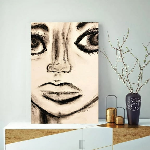 WIDE EYES IN CHARCOAL by Artist Sarah Wahl - 14"x14" Canvas Artwork - Multi-Color 16 x 20