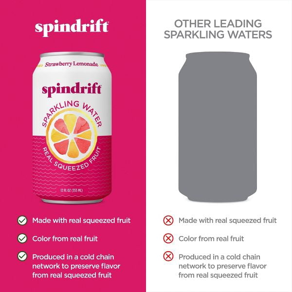 Spindrift Sparkling Water, Strawberry Lemonade, Made with Real Squeezed Fruit, 12 fl oz, 8 Count, No Sugar Added, 7 Calories per Can
