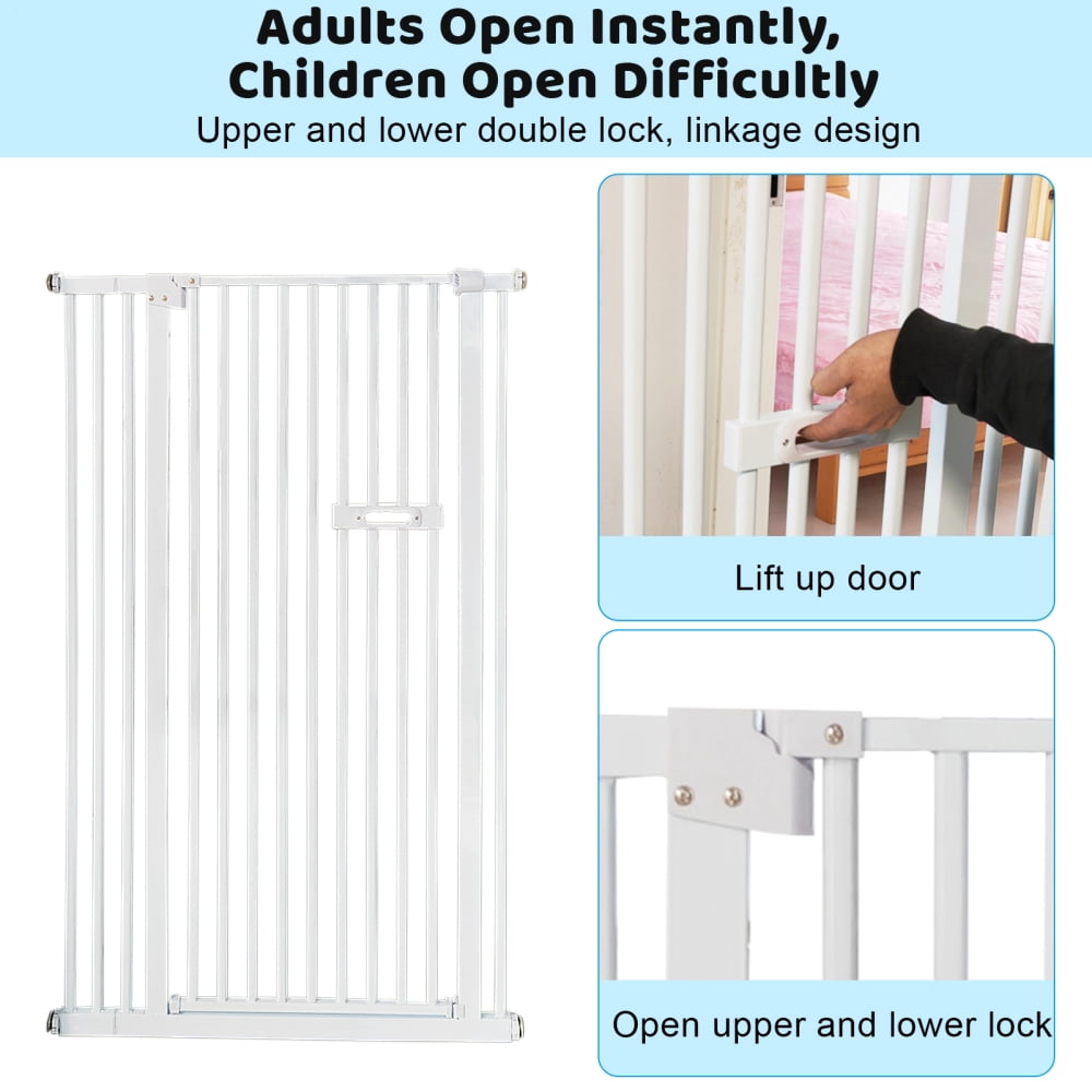 XIANERS 59 Inch High Extra Tall Cat Gate with Doors Locks Narrow Bar Spacing, Pressure Mounted 1.38inch Door Page Fence Spacing, Cat Door Way Indoor Use, White