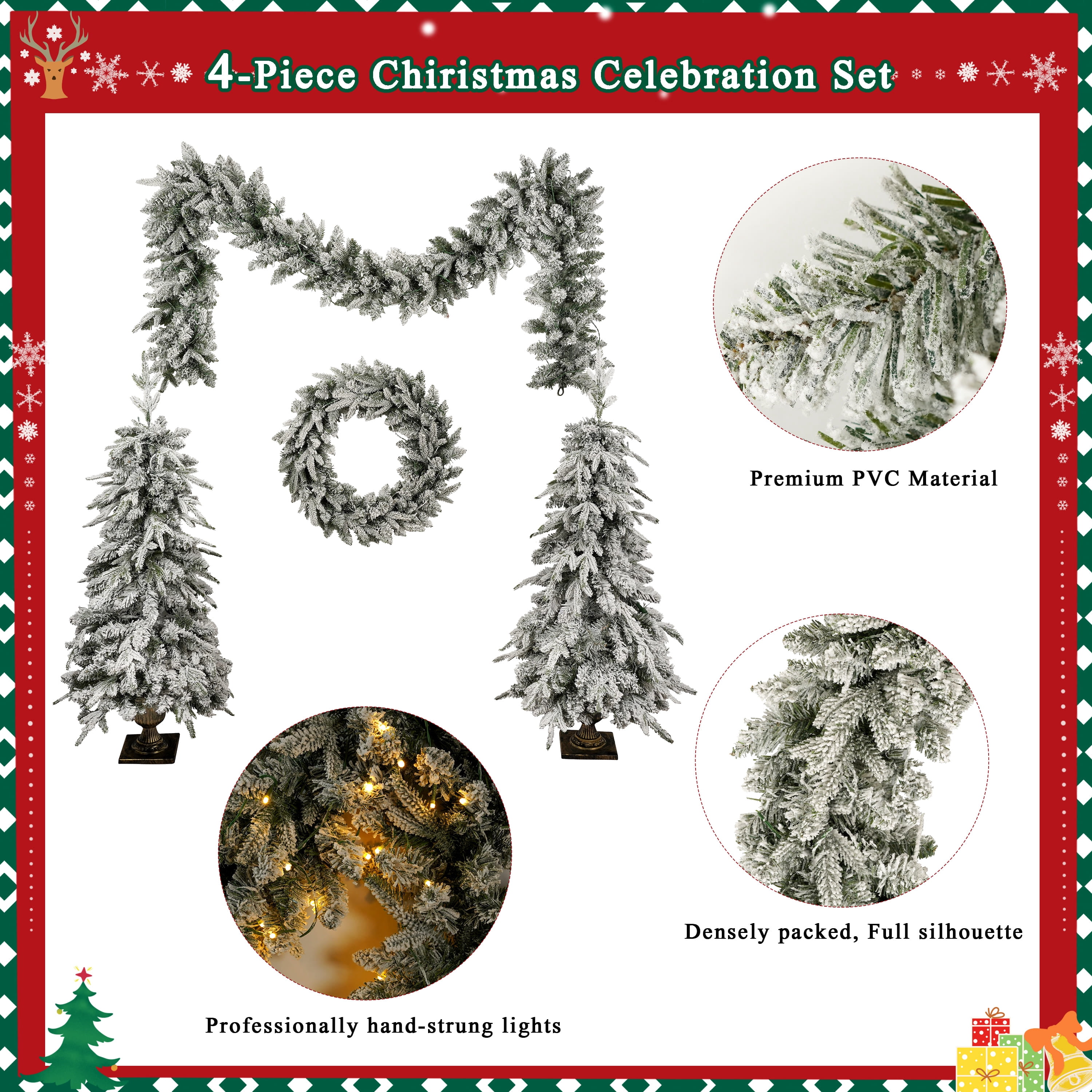 4-Piece Prelit Christmas Tree Set 330 Warm White LED Lights 840 Tips Entrance Tree Garland Wreath Indoor Decor