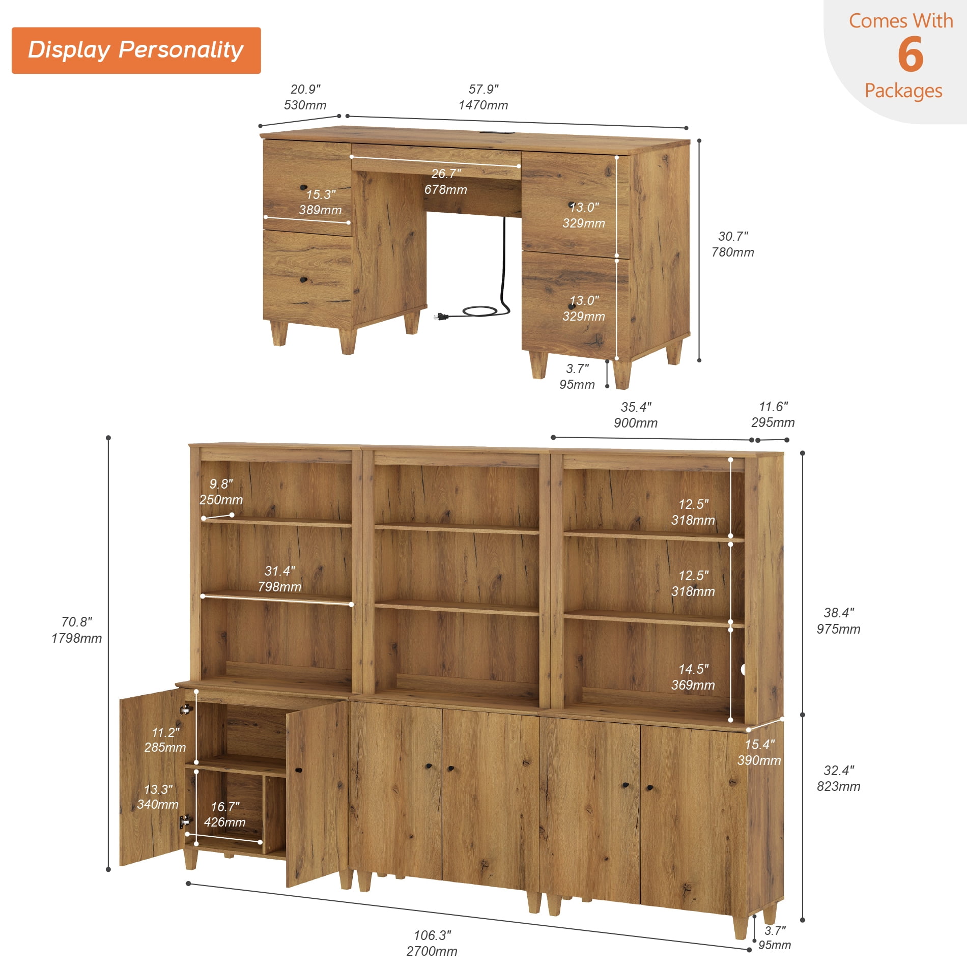 WAMPAT Home Office Furniture Set, 58" Executive Desk with Charging Station and Drawers,3-Column 71" Tall Bookcase with Doors and Adjustable Shelves for Living Room,Dark Brown Wood