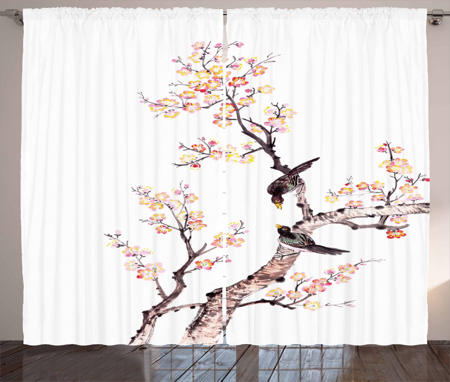 Art Curtains 2 Panels Set Traditional Chinese Paint Of Flowers