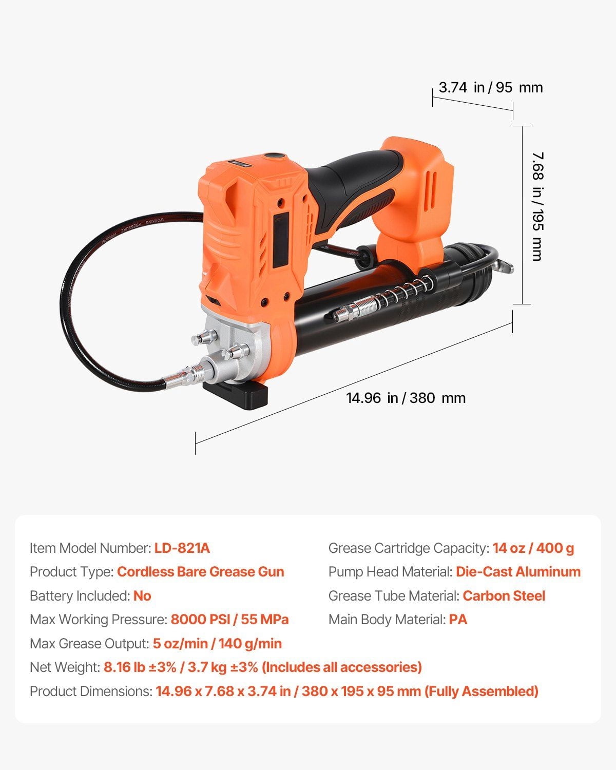 20V Cordless Grease Gun - 80,000 PSI High Pressure Battery Operated Greaser (Tool Only), Heavy Duty for Automotive & Industrial Use
