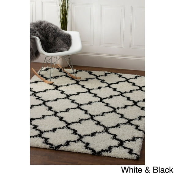 Super Area Rugs, Cozy Plush White & Black Trellis Shag Rug, 5' x 7' 2"
