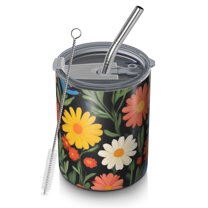 12oz Coffee Tumblers Pioneer Flower Stainless Steel Vacuum Insulated Travel Tumbler Coffee Cups Mug with Lid and Straw with Cleaning Brush for Cold & Hot Drinks