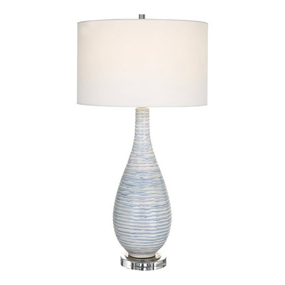 Uttermost Clariot Coastal Ceramic and Crystal Ribbed Table Lamp in Blue/White