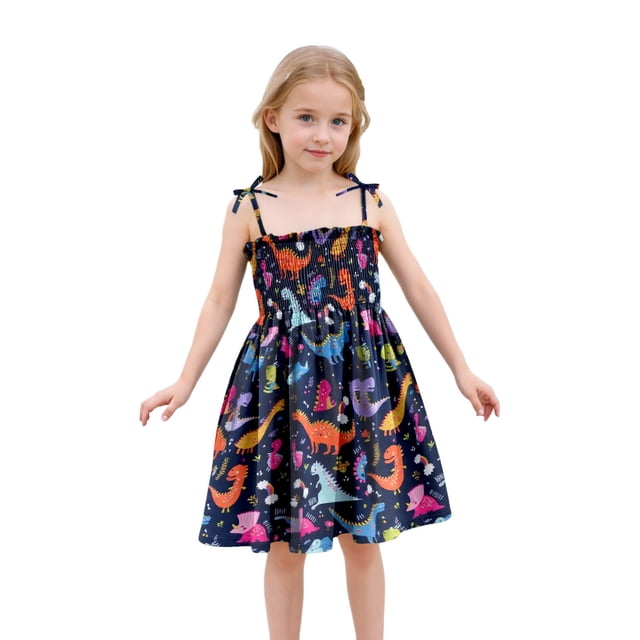 Robes de Printemps pour Petites Filles Robe Trapèze pour Fille Robe à Bretelles Spaghetti Robe Smockée à Fleurs pour Filles Robe Décontractée pour Filles