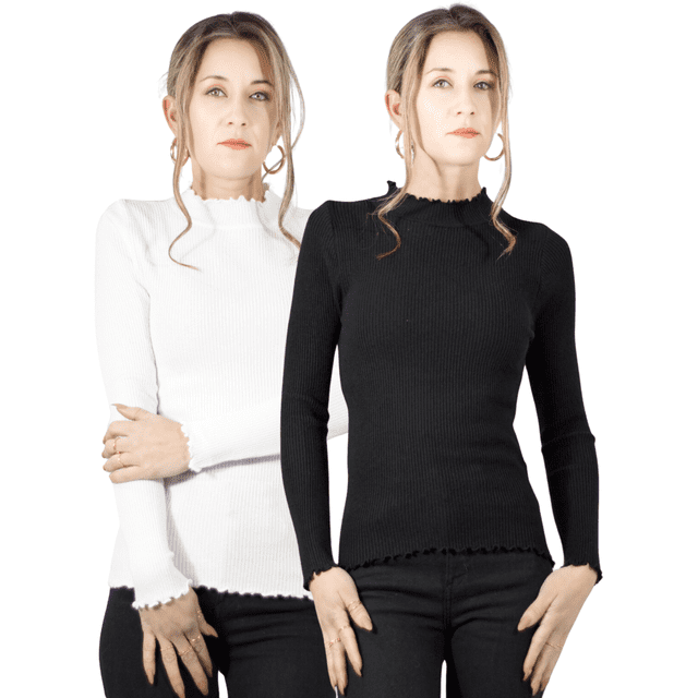 suéter malabis mujer otoño/invierno cuello redondo 2030 unitalla Set de 2 suéteres de punto para dama en negro y blanco, vista frontal centrada, silueta ajustada con cuello redondo fruncido, mangas largas y dobladillo acanalado, poliéster stretch unitalla (S a L); a menudo usado como capa ligera para viajes.