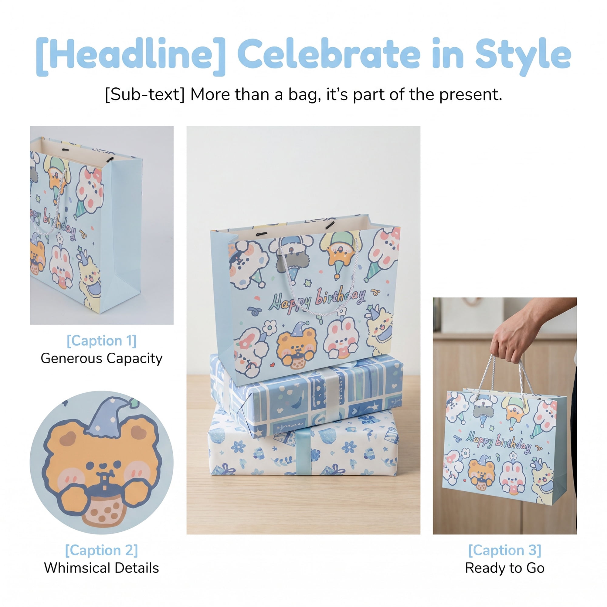 Unique Bargains 6Pcs Vibrant Cartoon Themed Birthday Gift Bags Blue 12.6" x 4.5" x 9.8"