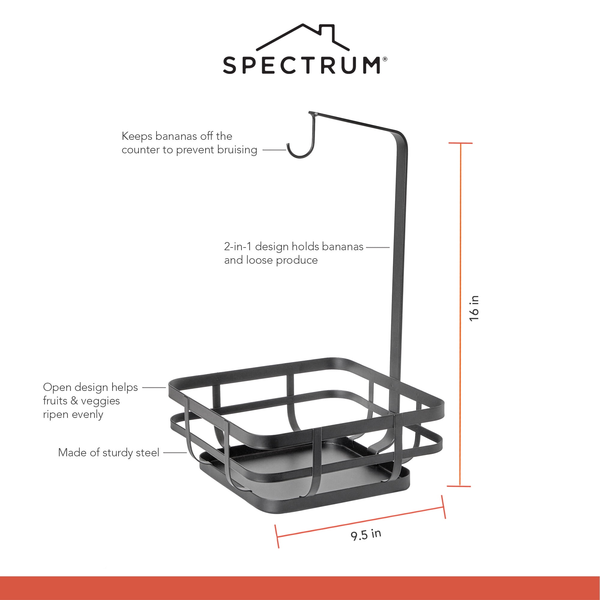 Spectrum Fruit Basket with Banana Hook Modern Black Steel Wire Kitchen Counter Organizer Basket for Fruit and Veggies, 2 in 1 Space Saving Storage for Countertops