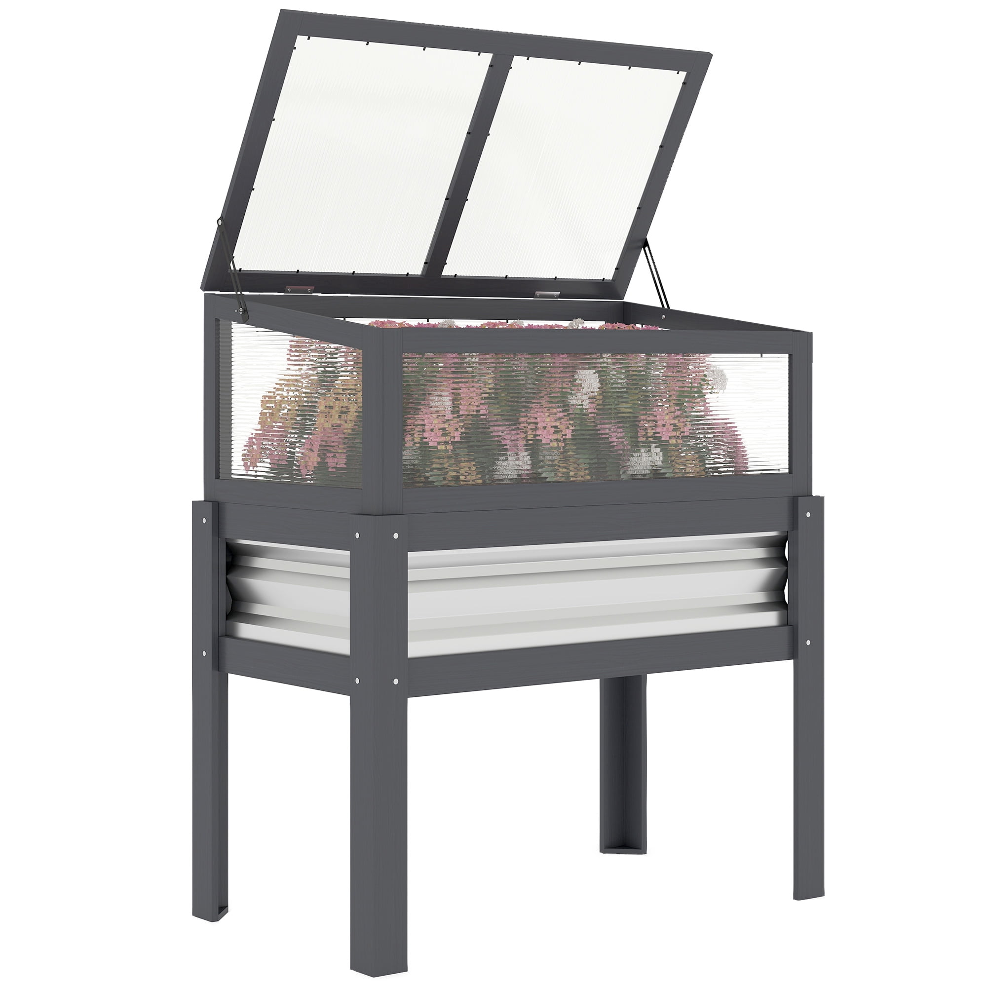 Outsunny Raised Garden Bed with Flip-Up Mini Greenhouse, Elevated Planter Box with Legs and Bed Liner for Flowers, Vegetables, Gray