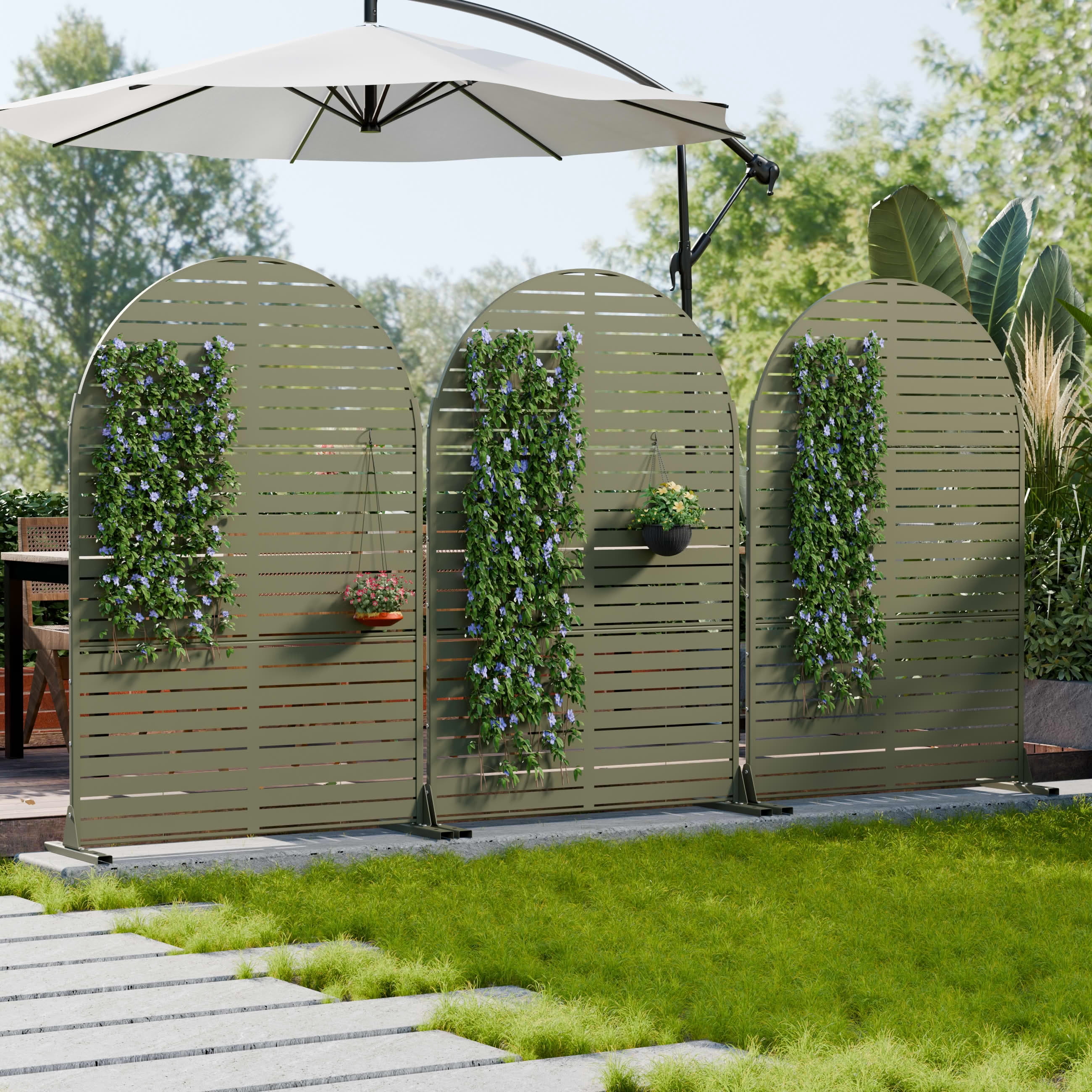 MAYEERTY Outdoor Metal Privacy Screen 6ft × 4ft Olive Gray, 3-Panel Classic Louvered, Rust-Resistant for Patio