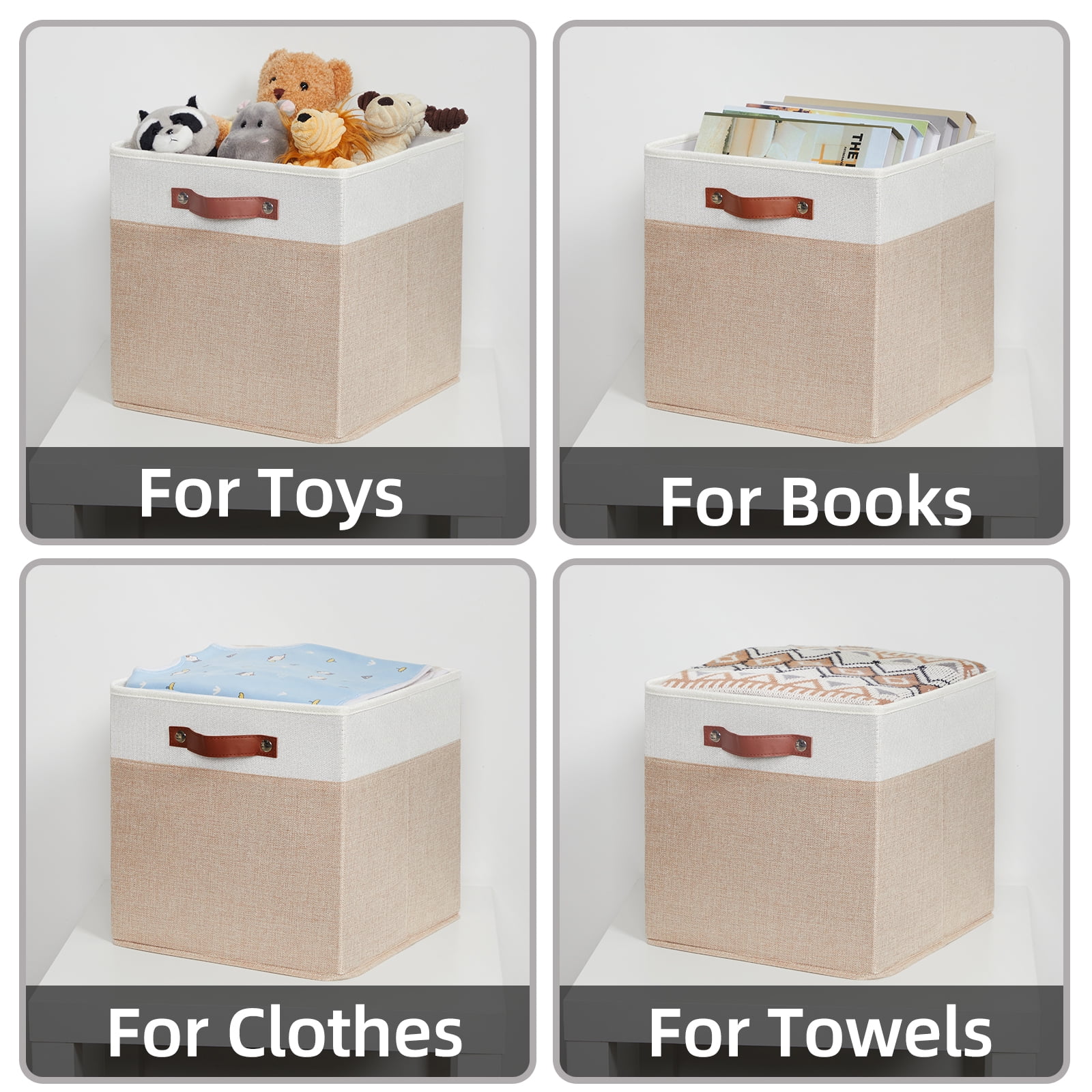 ANLEM Fabric Baskets for Organizing 13x13 Storage Cubes, 4PCS Fabric Foldable Canvas Storage Bins for Shelves, Cloth Storage Bins for Cube Organizers Toy(White Beige)