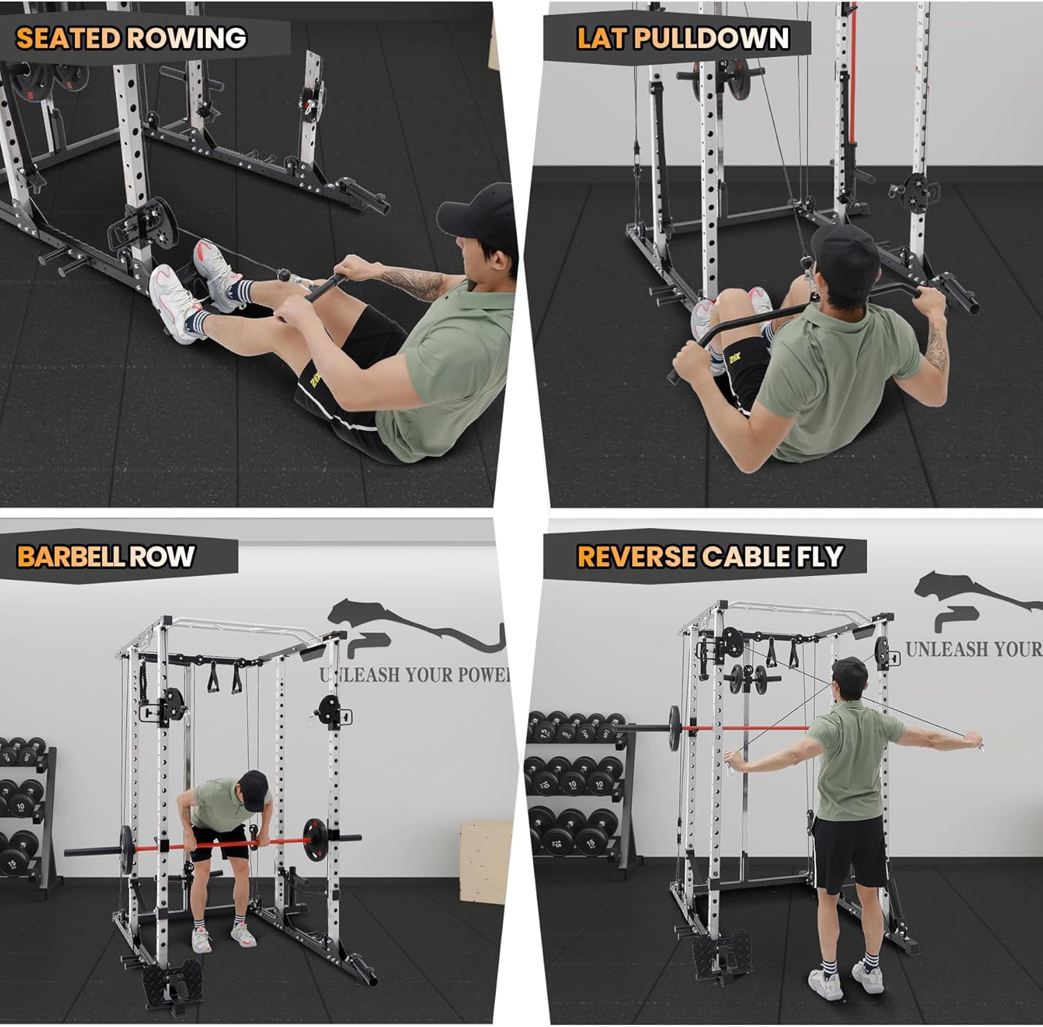 Hetoy Power Cage, Multi-Function Workout Cage with Cable Cross-Over System, Squat Rack Home Gym with LAT Pull Down System, Strength Training Squat Rack, Power Racks for Home Gym,White