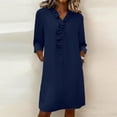 thumbnail image 2 of Women's Midi Dress V-Neck Ruffle Trim 3/4 Sleeve Shift Dresses with PocketsCasual Office Everyday Dresses for Women Navy L, 2 of 9