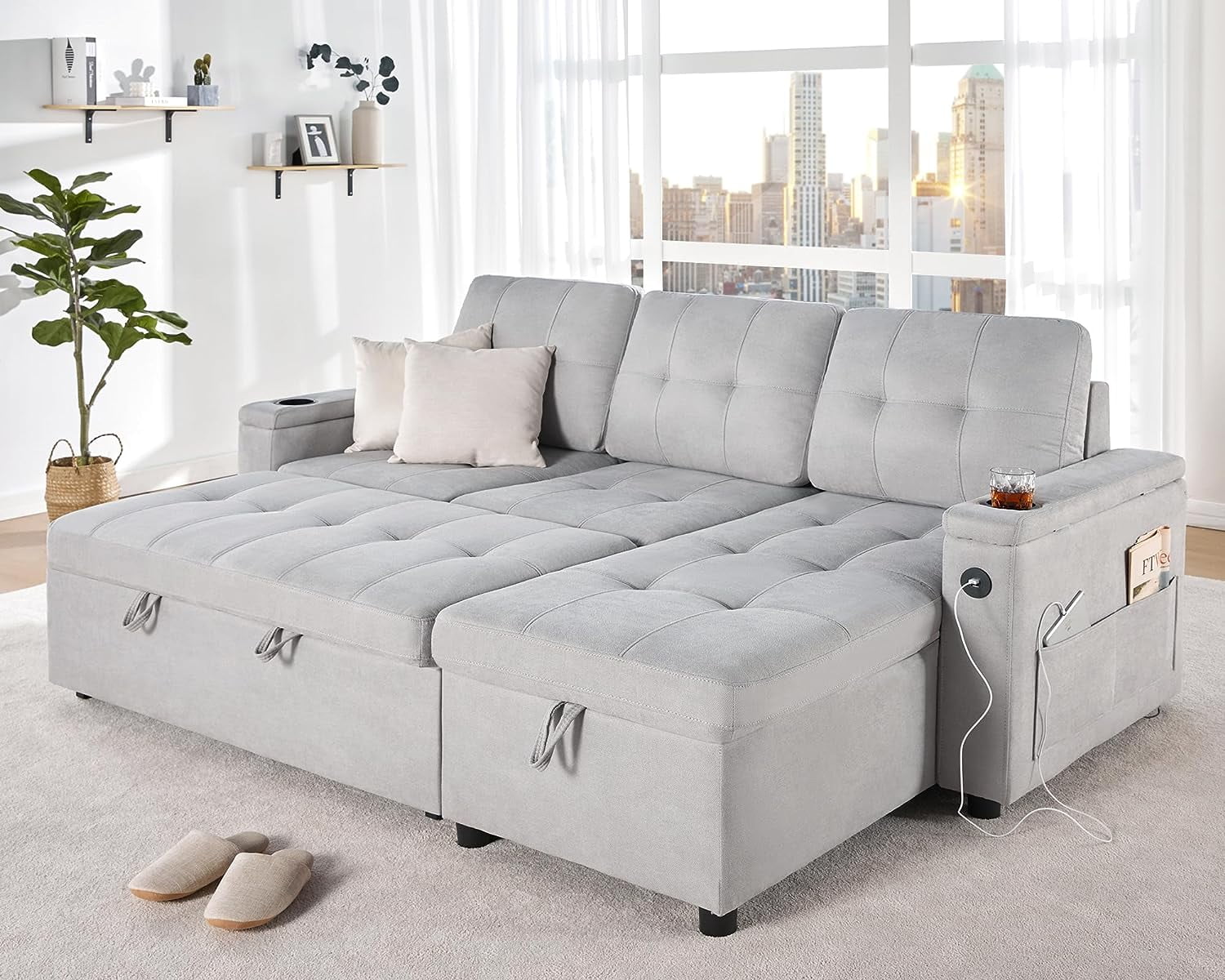 Papajet Sleeper Sofa, Modern Tufted Convertible Sofa Bed, USB Charging