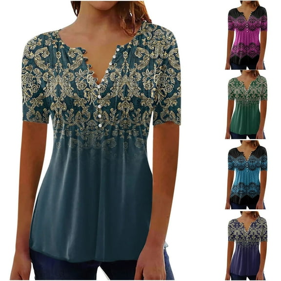 Jacenvly 2024 new plus size womens clothes Leisure Women Casual Print Loose Short Sleeve Top Blouse Pullover breathable Floral Ruffle Trim Flouncev neck t shirts t-shirts womens summer Blue