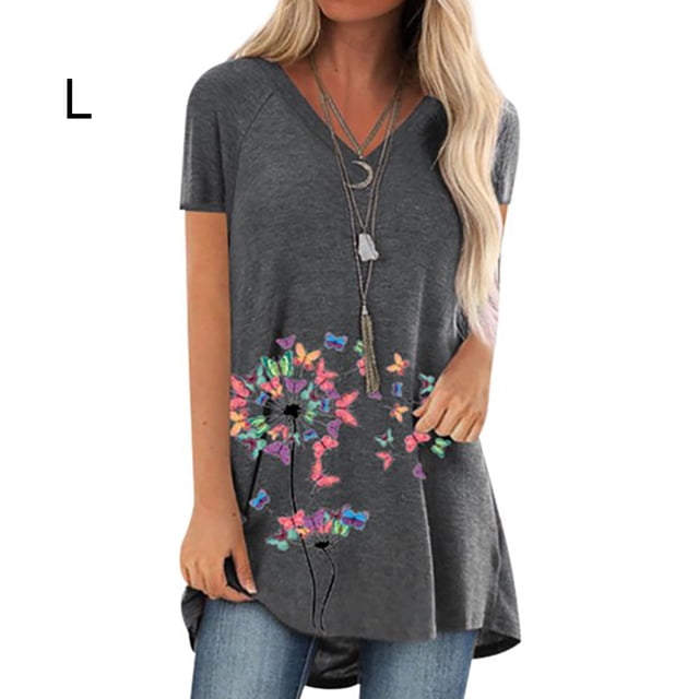 Camiseta Con Cuello En V Blusa De Manga Corta Suelta Mujer Top De Verano Estampado, Gris, L Sweethay AP002392-03