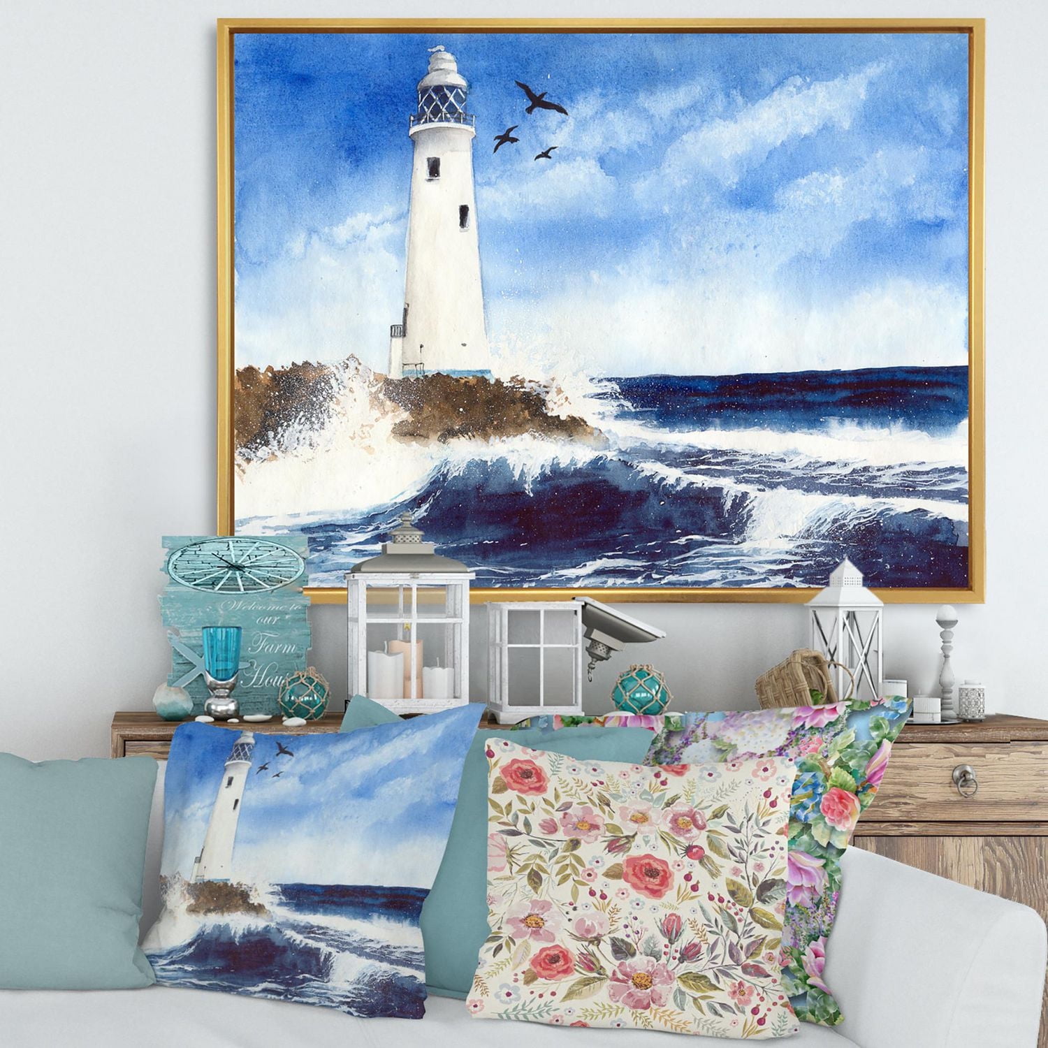 Designart Lighthouse On The Rocky Island With Seagulls FLOAT FRAME WALL ART
