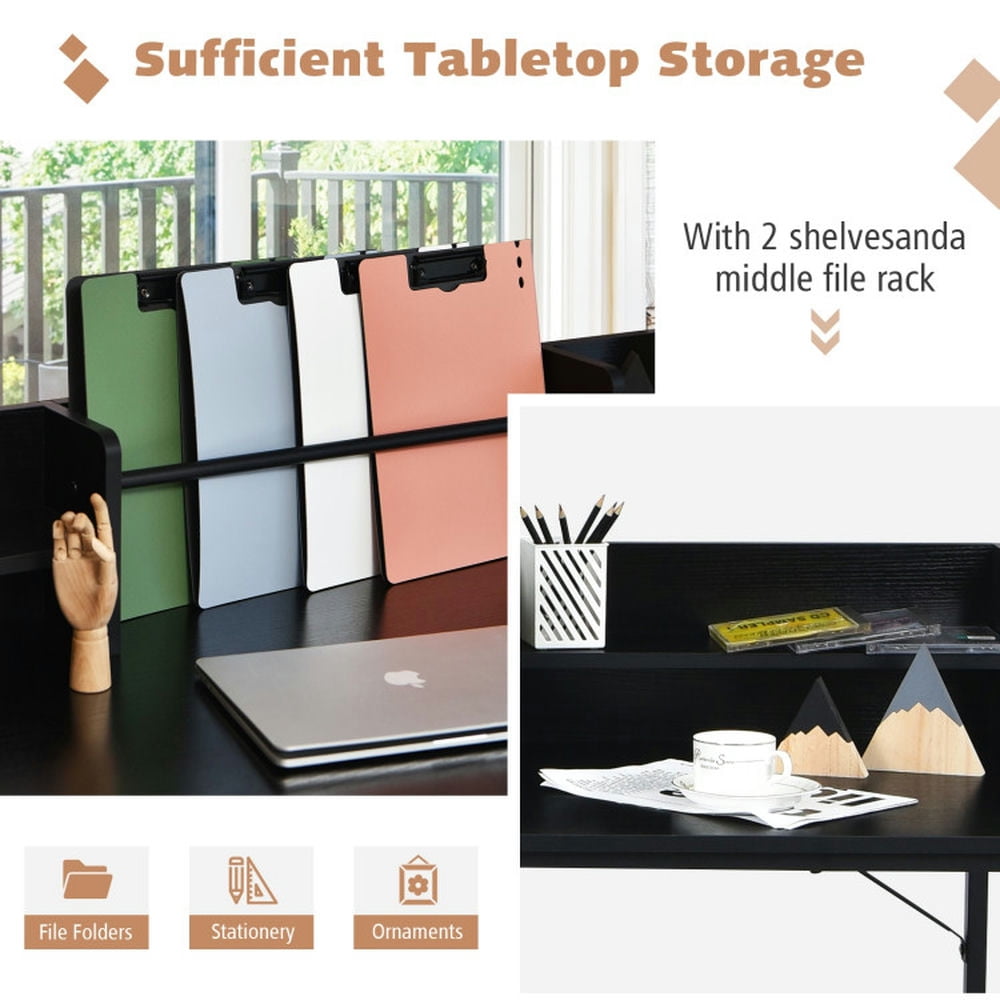 Demi Bonn 5.5" L-shaped Computer Desk with Bookshelf, Small Home Office Desk Study Writing Table, Black