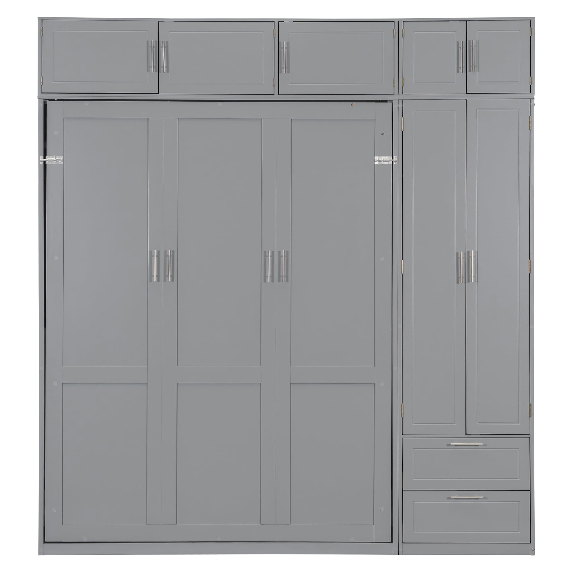 Mintazer Queen Size Murphy Wall Bed with Cabinets & Open Bookshelf, All-in-One Foldable Cabinet Bed with Side Wardrobe & 2 Storage Drawers for Small Apartment Guest Room Home Office, Gray