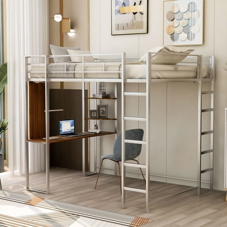 Full Size Metal Loft Bed with 2 Shelves and one Desk  Silver