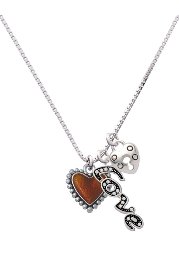 Silvertone Translucent Brown Heart with Beaded Border - Love and Lock Charm Necklace, 18"+1"