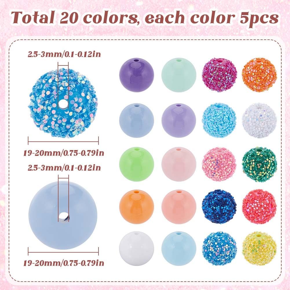 100Pcs Disco Ball Bead Beadable Pens Beads Bulk Acrylic Colorful Bubblegum Rhinestone Chunk Beading Round Large Loose Spacer Beads for Jewelry Making DIY Craft Pen Bracelet Supplies