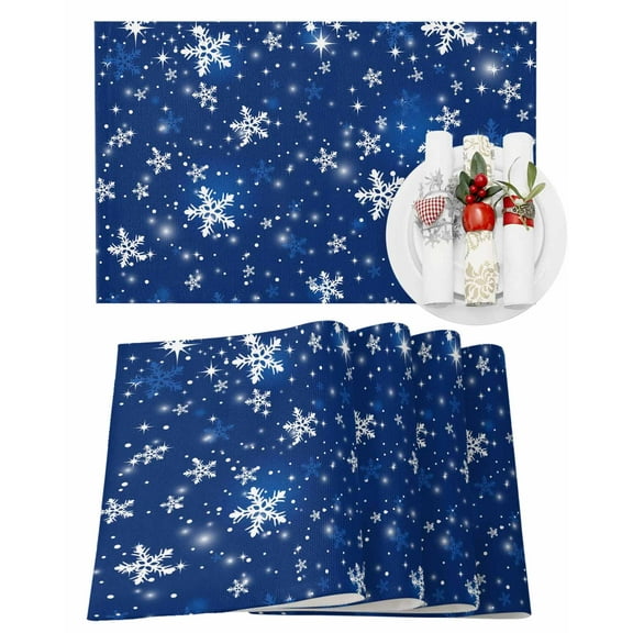 Christmas Placemats Set of 4, Blue Snowflake Place Mats White Winter Snow Placemat Table Decoration for Kitchen Table Dinner Xmas Holiday Party Home Decor Indoor Outdoor 13x19 Inch