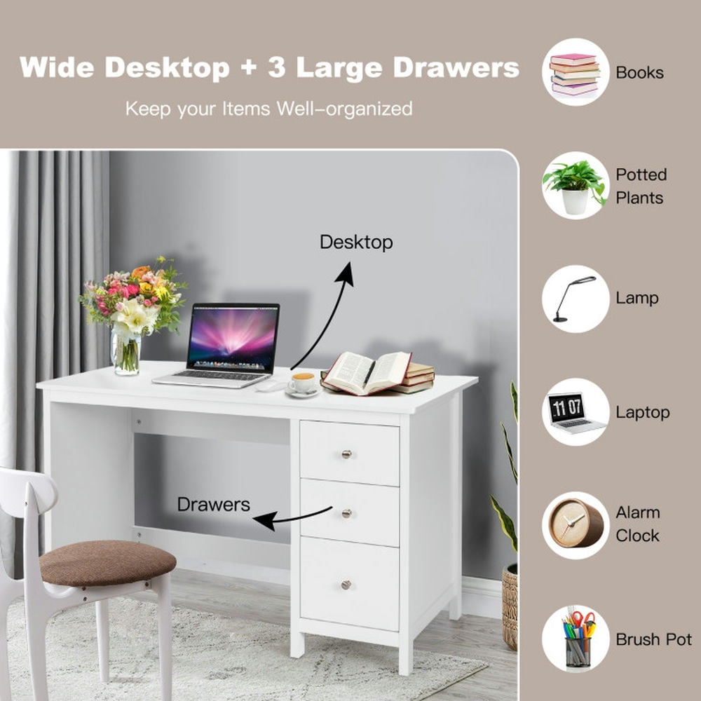 Demi Bonn 3-Drawer Computer Desk with Spacious Desktop, Small Home Office Desk Study Writing Table, White