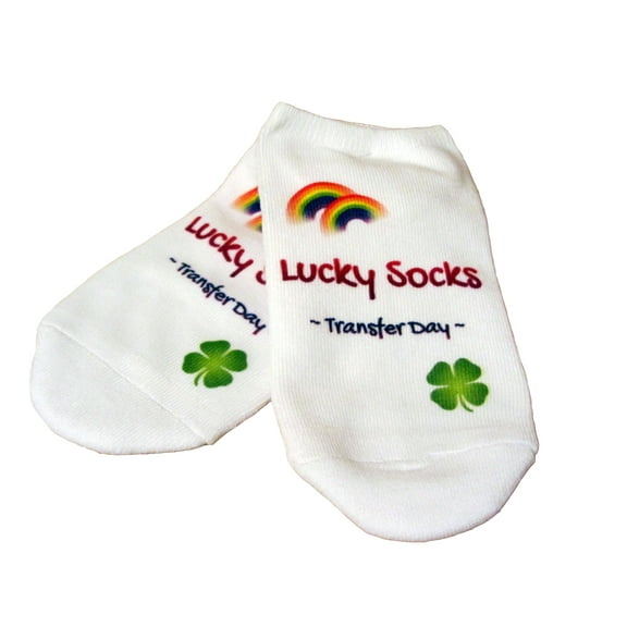 IVF Socks, Lucky Transfer Socks with Rainbows and Clover - Womens Medium No Show White