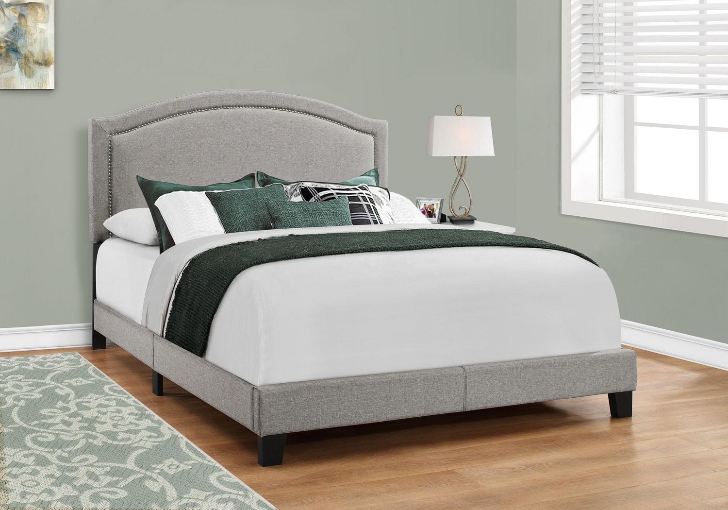 Monarch Specialties Bed, Queen Size, Platform, Bedroom, Frame, Upholstered, Linen Look, Wood Legs, Grey, Chrome, Transitional