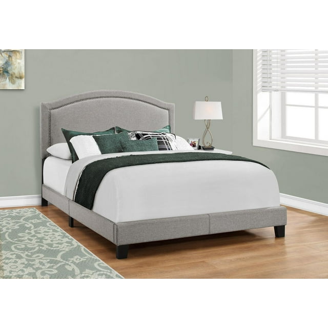 Monarch Specialties Bed, Queen Size, Platform, Bedroom, Frame, Upholstered, Linen Look, Wood Legs, Grey, Chrome, Transitional