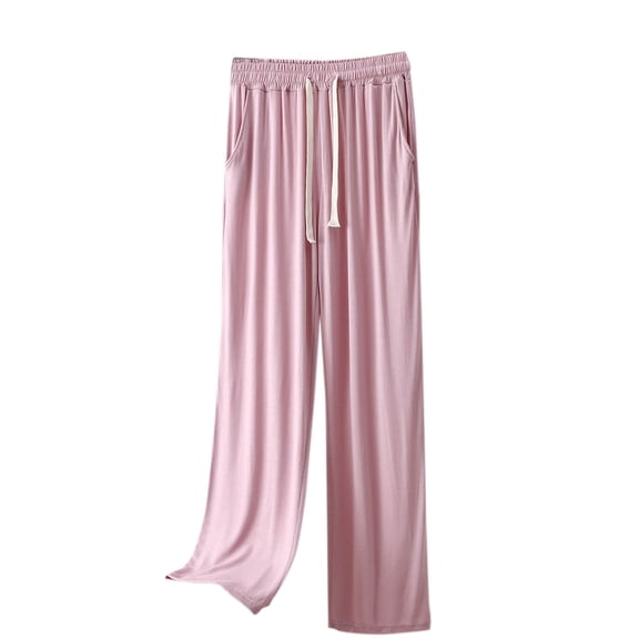 Zpanxa Women's High Waisted Wide Leg Pants Solid Color Casual Comfort Trousers Loose Fit Soft Elastic Waistband Straight Leg Everyday Lounge Wear Pink L