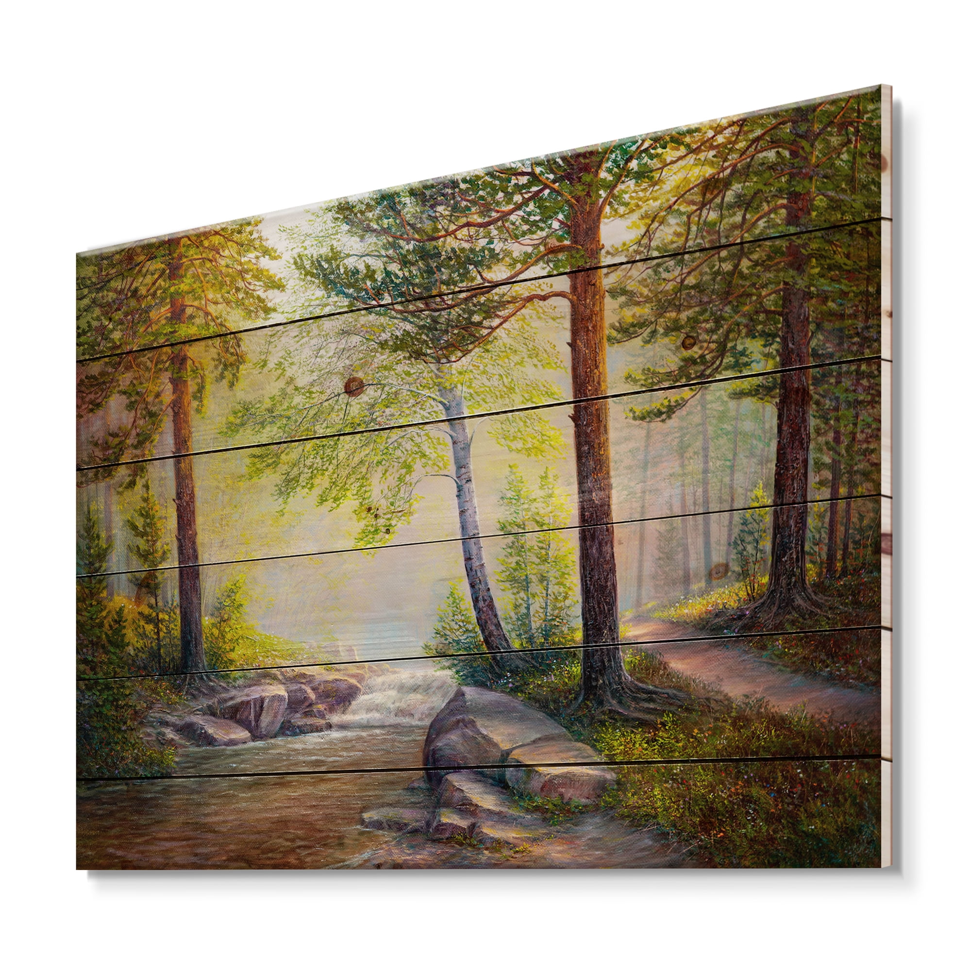 Designart 'Afternoon Light Through The Forest Trees' Traditional Print on Natural Pine Wood