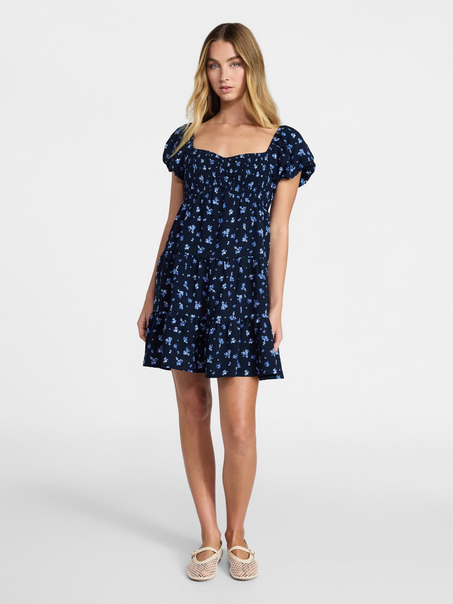 No Boundaries Bubble Sleeve Babydoll Dress, Women’s XXS-XXL