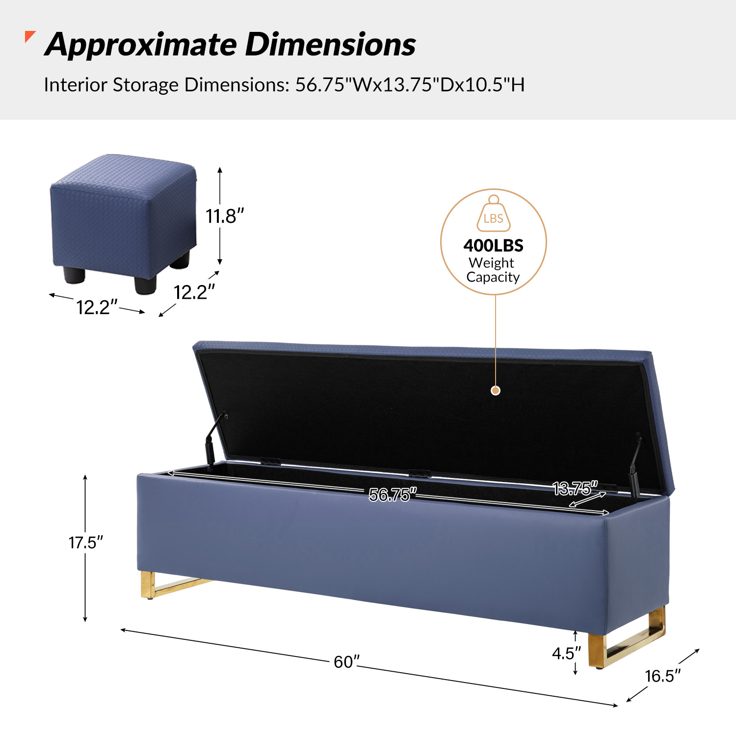 Tina's Home Storage Bench with 2 Ottomans,  Upholstered Entryway Bench with Stainless Steel Legs Modern Seating for Living Room, Bedroom Navy