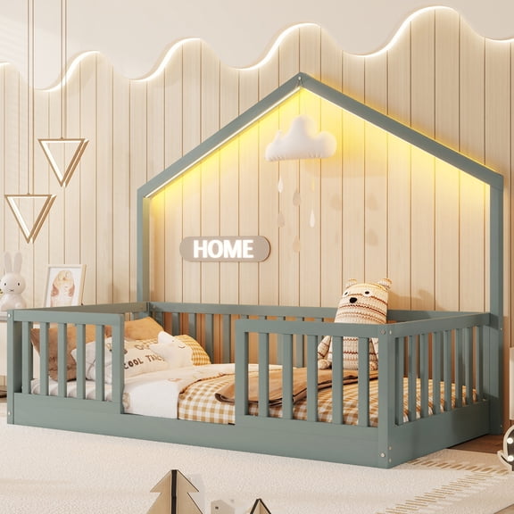 Twin Floor Bed with High Rails, Wooden Montessori Bed with Light for , Boys and Girls ,Gray(Expect Arrival Date 2026/3/16)