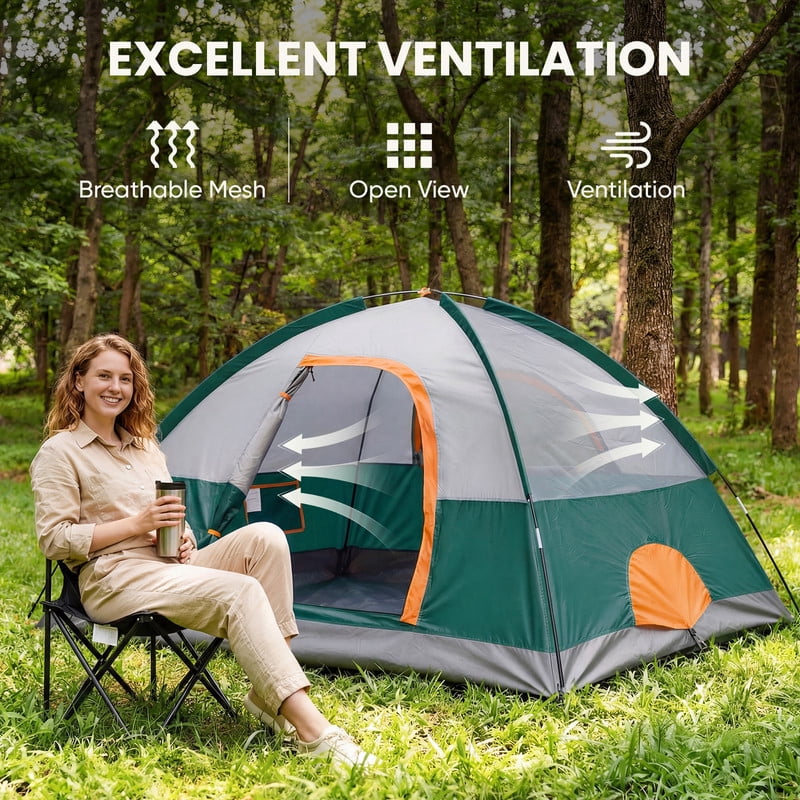 Gianna 4 Person Waterproof Camping Tent with Rainfly, Easy Setup Dome Tent with Mesh Windows & Skylights, Lightweight Portable Tent for Outdoor Camping, Festivals & Backyard, Green