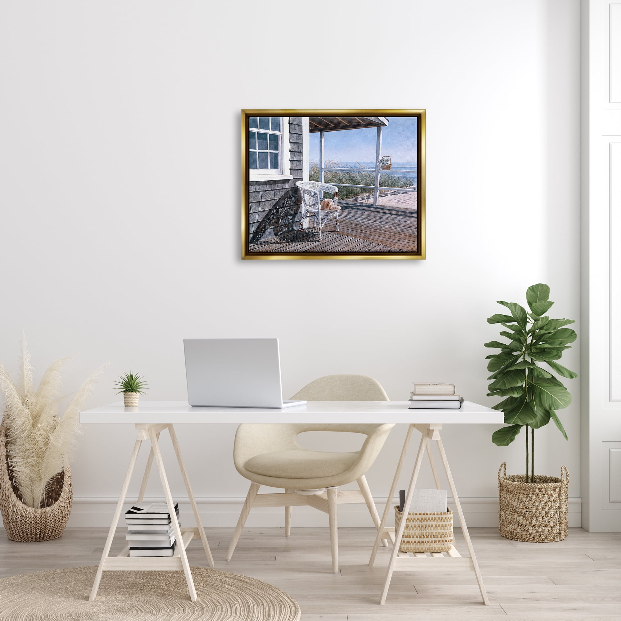 Stupell Industries Coastal Cottage Porch Chair Seaside Boardwalk Scenery Painting Metallic Gold Floating Framed Canvas Print Wall Art, Design by Tom Mielko