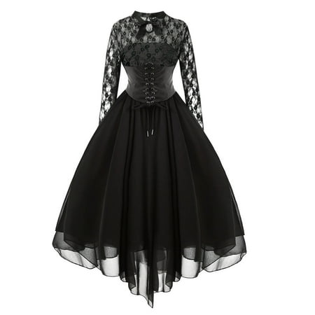

Women Gothic Dress with Corset Steampunk Plus Size formal Sexy Lace Handkerchief Hem Halloween Punk Hippie Dress
