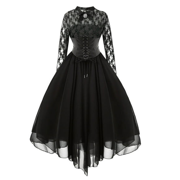 HKEJIAOI Discount Clearance Womens dress Women Fashion Gothic Style Sexy Banquet Festival Dress Lace Vintage Dress Chiffon Long Sleeve Dress Black