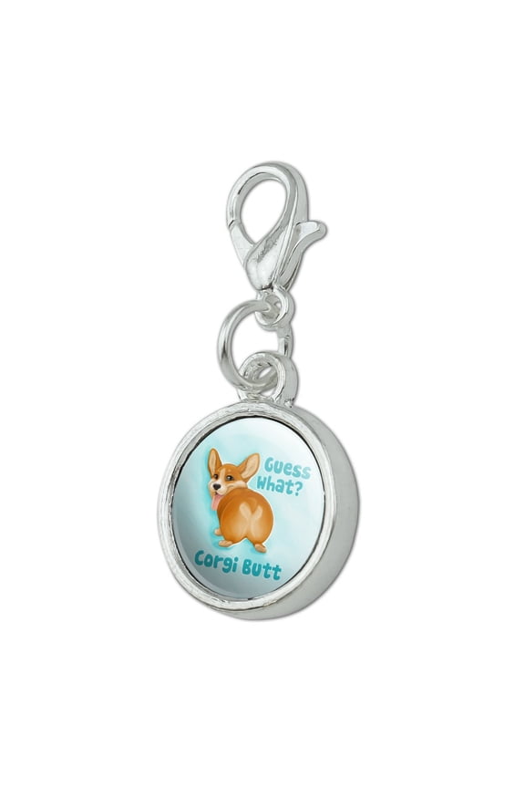 Guess What Corgi Butt Funny Joke Antiqued Bracelet Pendant Zipper Pull Charm with Lobster Clasp
