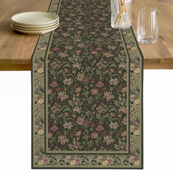 Sage Green Floral Boho Table Runner - 60 Inch Long Ethnic Tribe Abstract Art Flower Cotton and Linen Blended Dress Scarves Farmhouse Table Runner for Kitchen Dining, Coffee Table, 13" x 60"