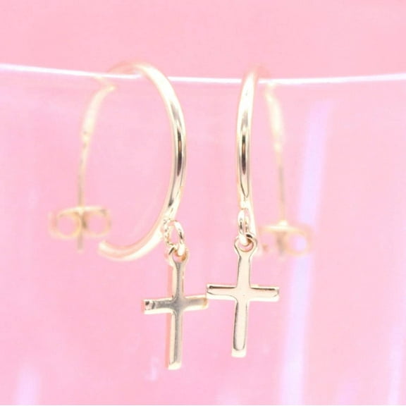 Gold Filled Cross Open Hoops Dangle Drop Stud Earrings (K258)