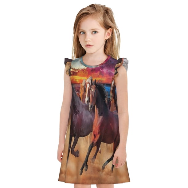 Fotbe a herd of horses Vestido de Dormir para Niñas de 3 a 10 Años, Mangas Cortas, Estilo Princesa, Pijama Camisón con Mangas Voladas-X-Large