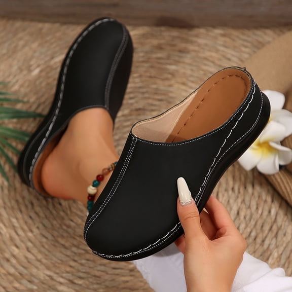 Xucatan Trendy Women's Contrast Stitch Mule Flats with Closed Toe, Slip-On Half Slippers with Padded Footbed, Non-Slip Thick Sole Comfortable Walking Shoes for Daily Spring Summer Outfits Gift